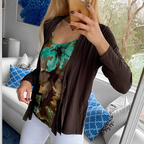 🤎 OLSEN BROWN BLUE GREEN MULTI 2-in1 FRONT TIE LONG SLEEVE PULLOVER TOP! - Picture 2 of 13